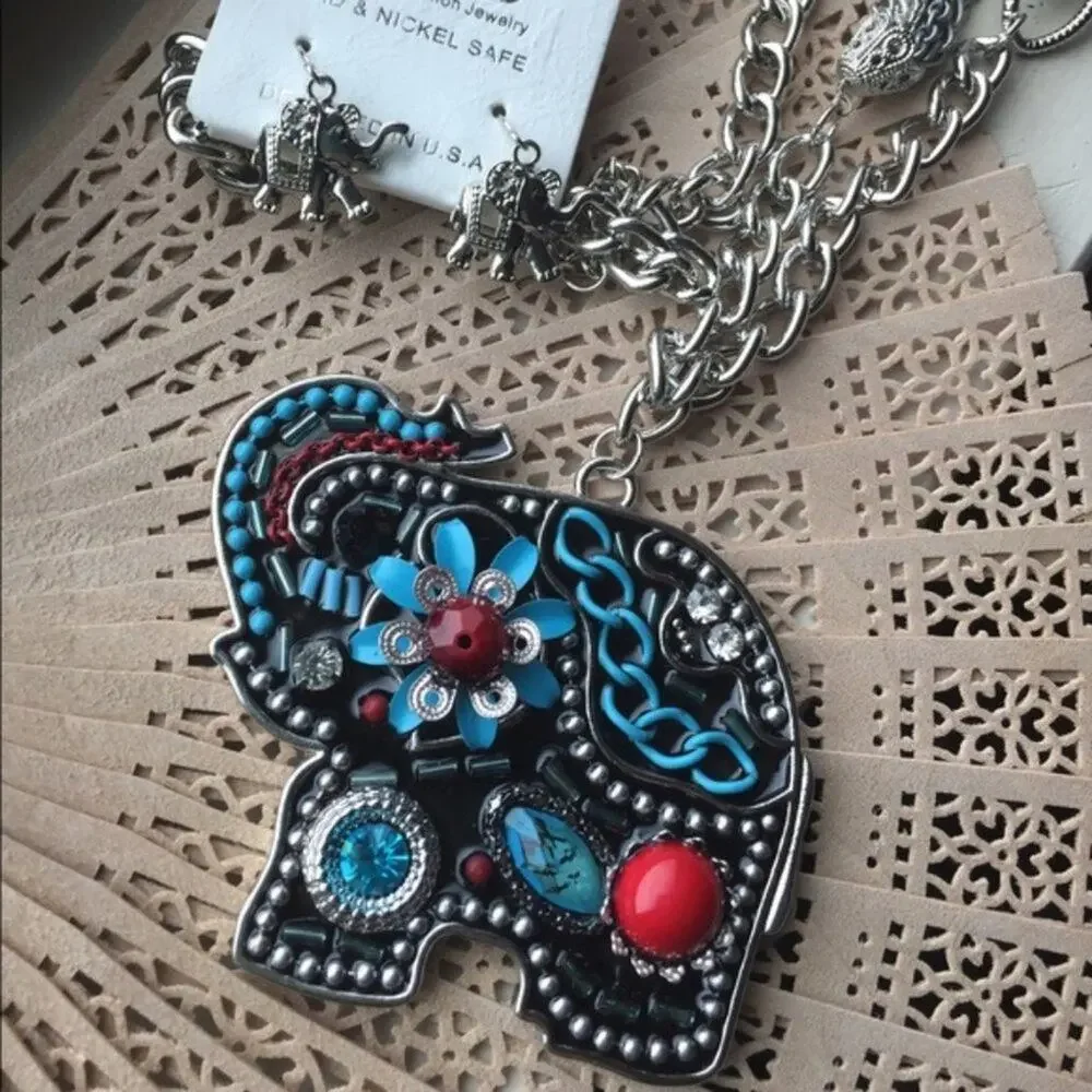 NEW Silver Tone Elephant Long Pendant Necklace and Earrings Set Boho Colorful